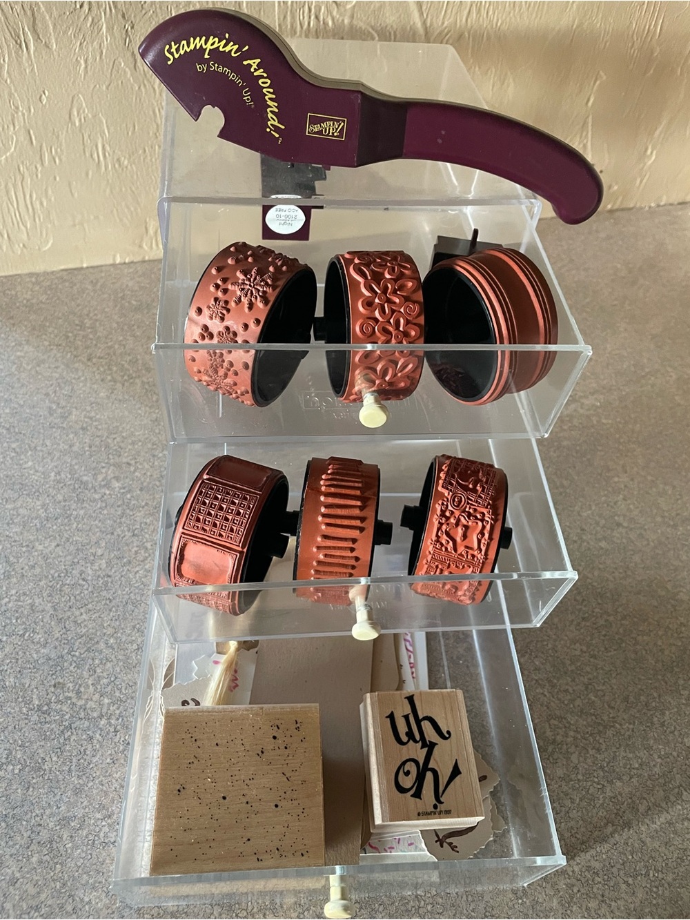 Stampin' Around Wheel & Handle Set - Burgundy Handle and rubber stamps